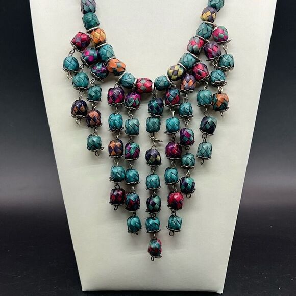 Woven Bead Statement Necklace Unique Fair Trade Fringed Bohemian Classic Boho - Picture 1 of 6